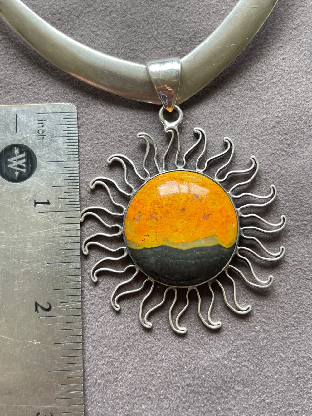 Vintage Taxco 925 Silver Collar Necklace Choker Torc Bumblebee Jasper Sunburst - Picture 4 of 8